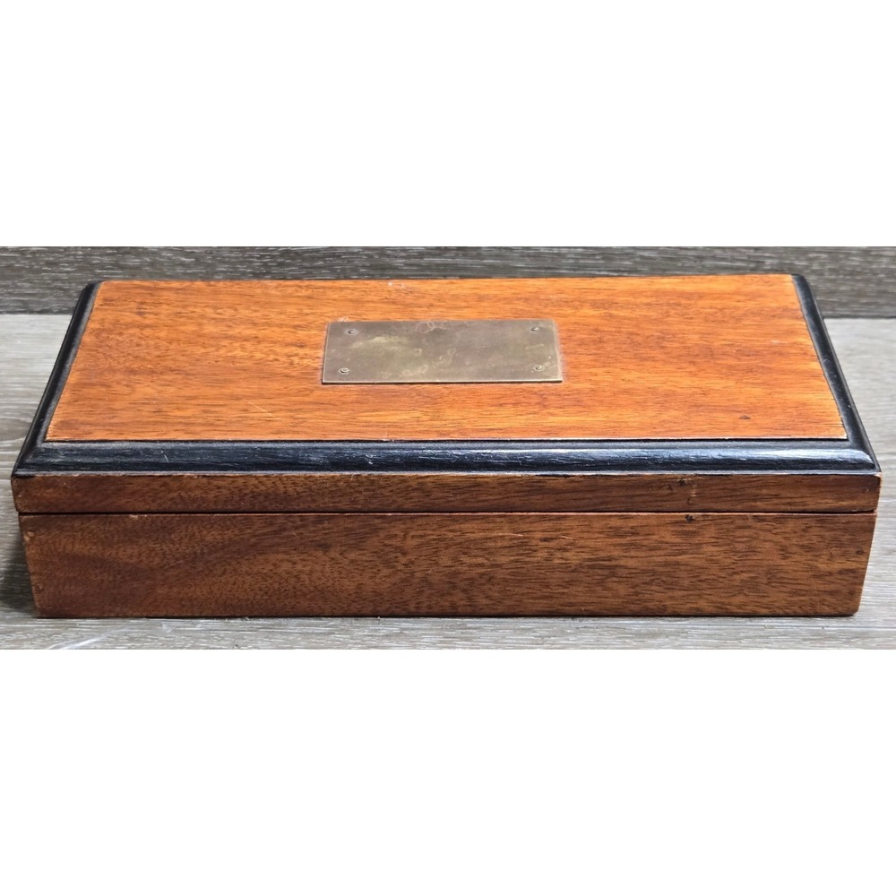 Vintage Wood Keepsake Jewelry Trinket Box Brass Plaque Black Trim Rectangular